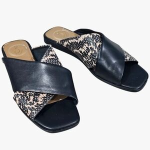 SAM EDELMAN Idina Black Leather Snake Print Criss Cross Flat Slide Sandals 7.5M
